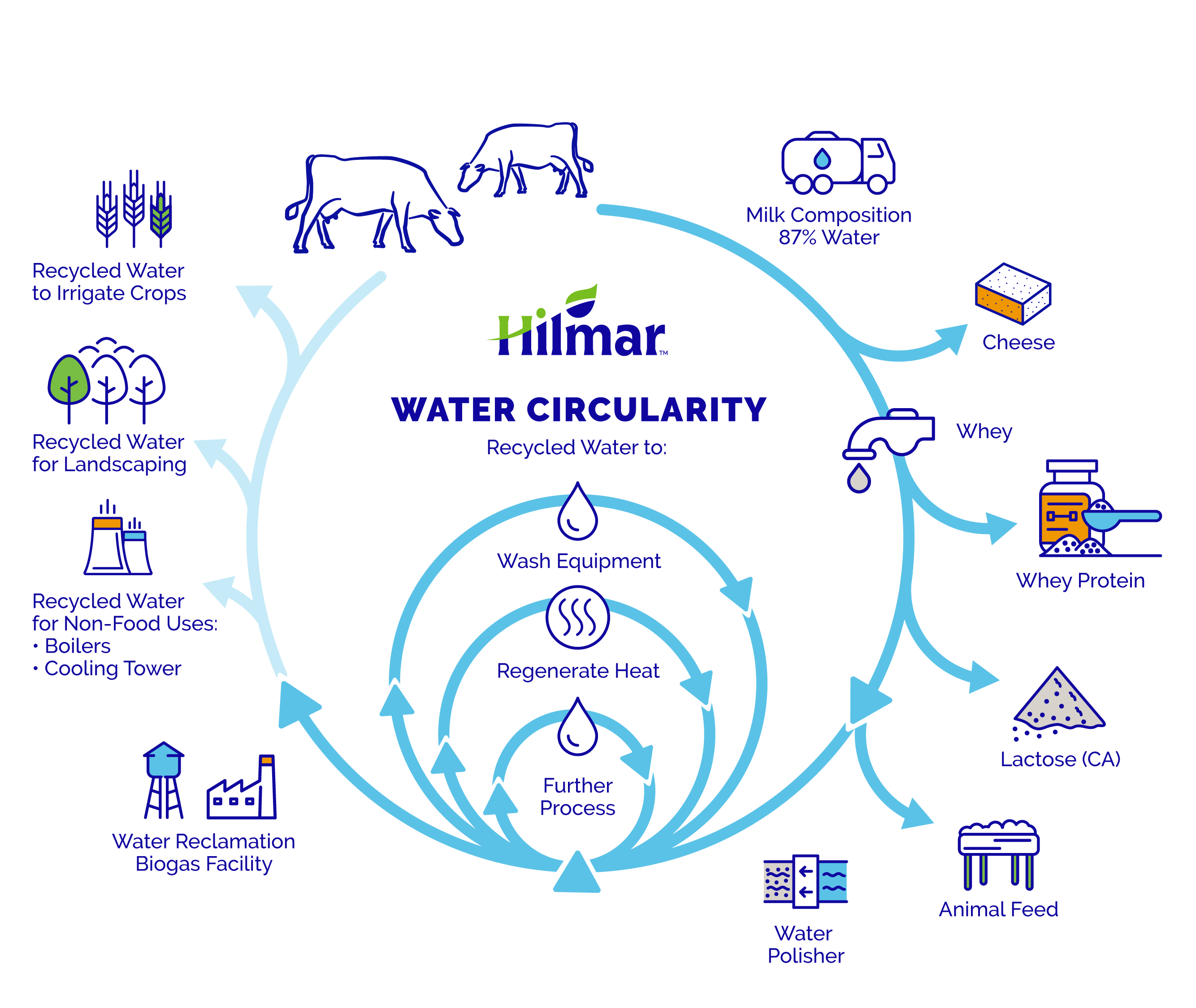 The chart shows how water is created through the extraction from milk to make our cheese and whey products. The cycle continues to show the ways that the water recycled from production is used in our facilities for various functions and for landscaping and irrigation.