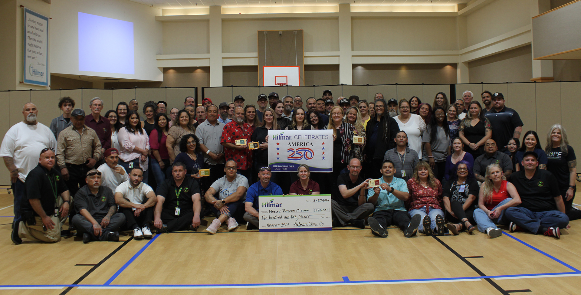 Hilmar celebrates America's 250 Anniversary with Cheese Donations to Support Food Security. Hilmar presents donation to Merced County Rescue Mission.